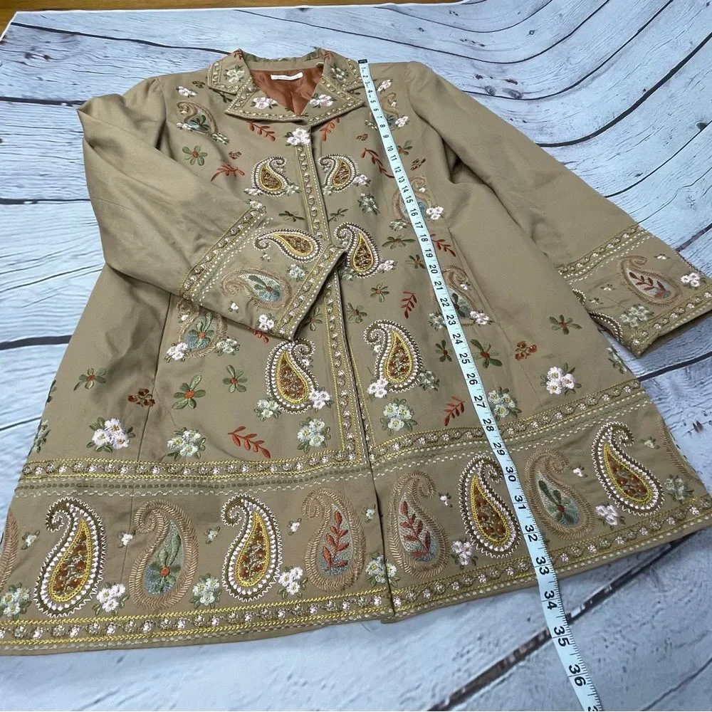 COLDWATER CREEK boho paisley floral embroidered tan coat jacket, size 14 - Picture 14 of 16